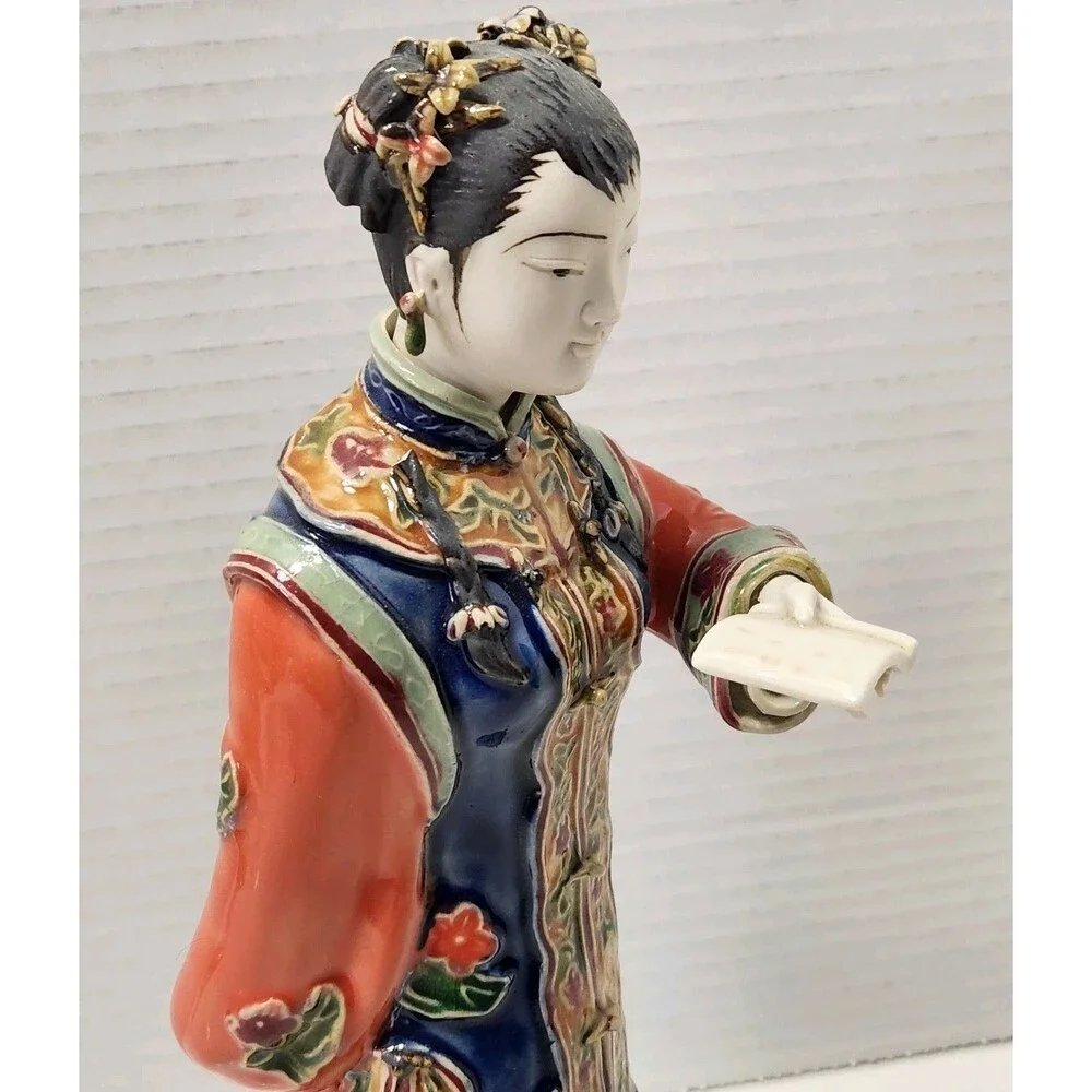 Shiwan Chinese Porcelain Standing Court Lady Figurine Reading Book Scroll EUC